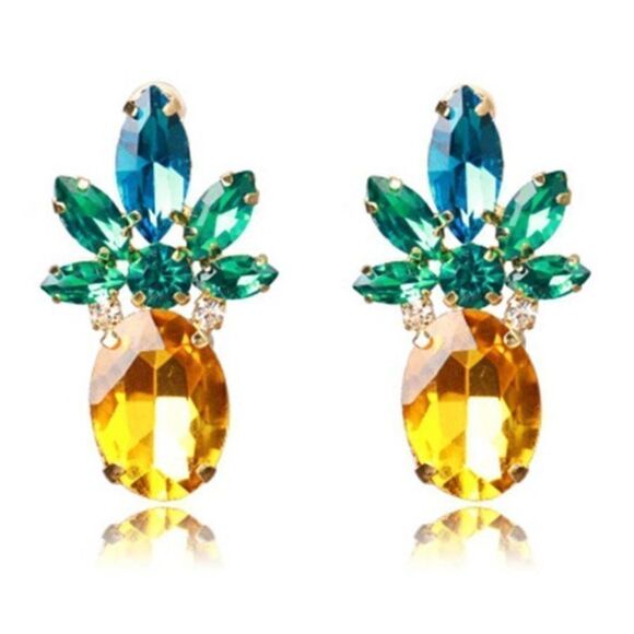 Pineapple Green Yellow Crystal Earrings - Picture 1 of 7